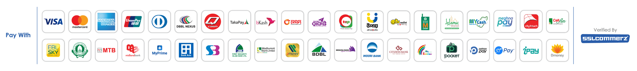 Pay with Visa, Mastercard, bKash, Nagad, and more. Verified by SSLCommerz.