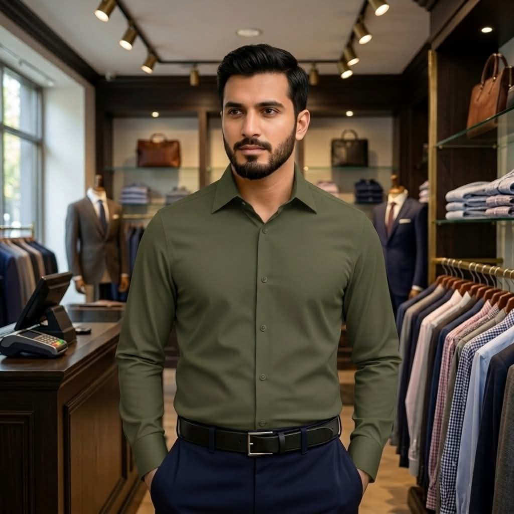 Men's Premium China High-Spandex Formal Shirt - Olive