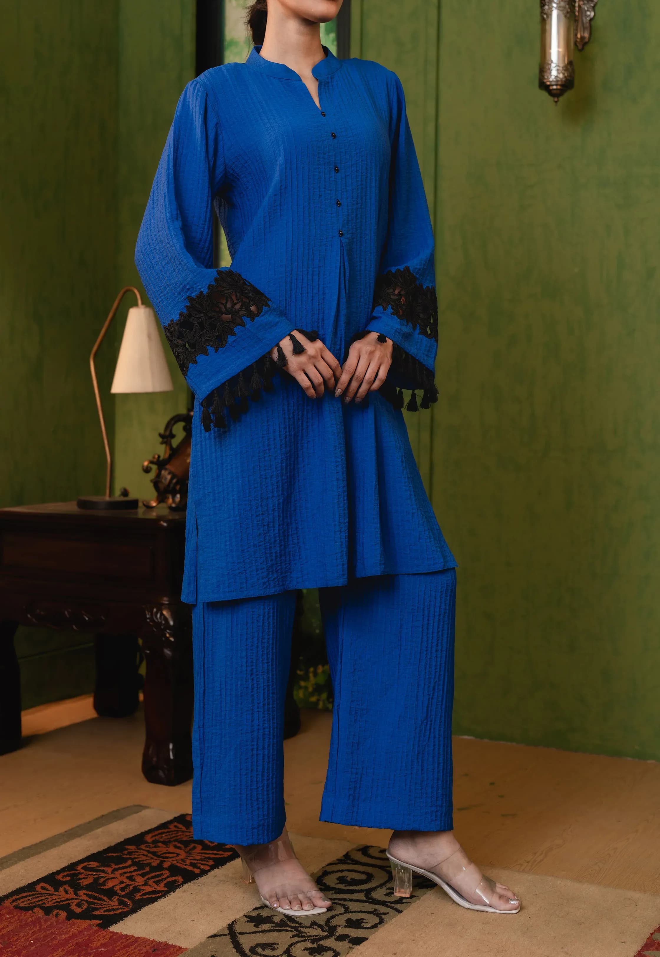 Royal Sapphire Textured Co-Ord Set with Lace & Tassel Embellished Sleeves - Image 1