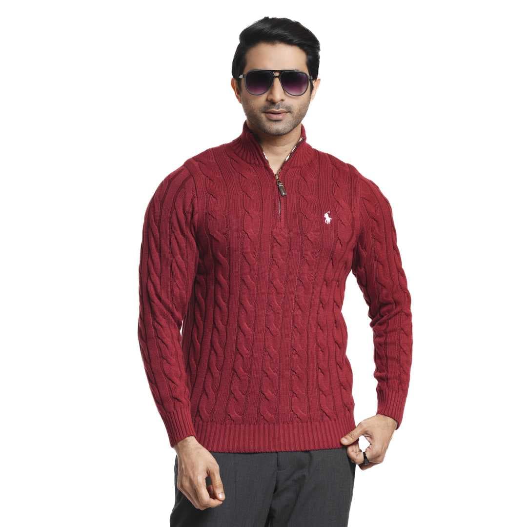 RL Half Zipper Cable Sweater- Maroon