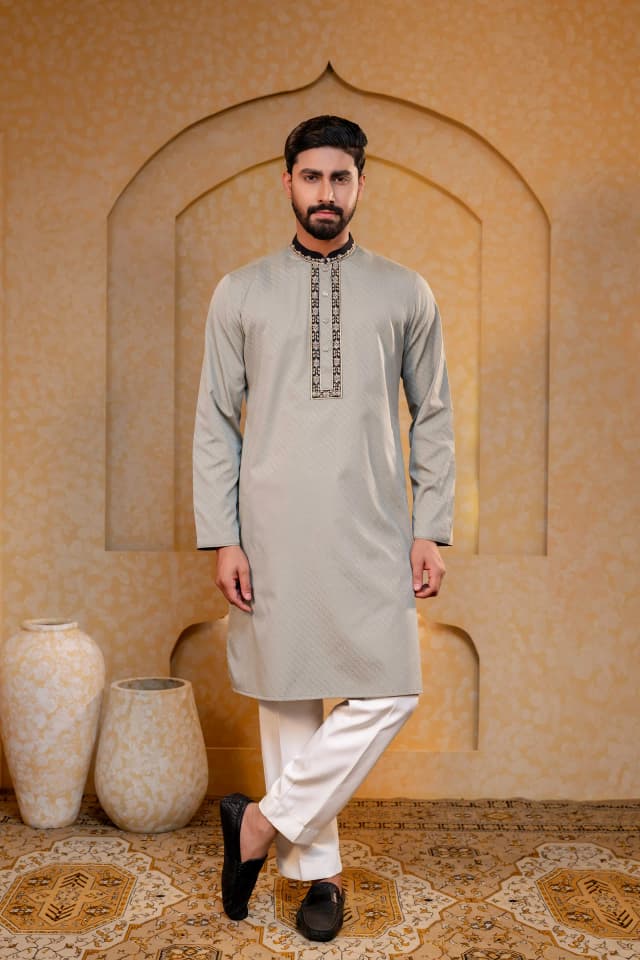 Sage Grey Zardosi Embellished Cotton Panjabi