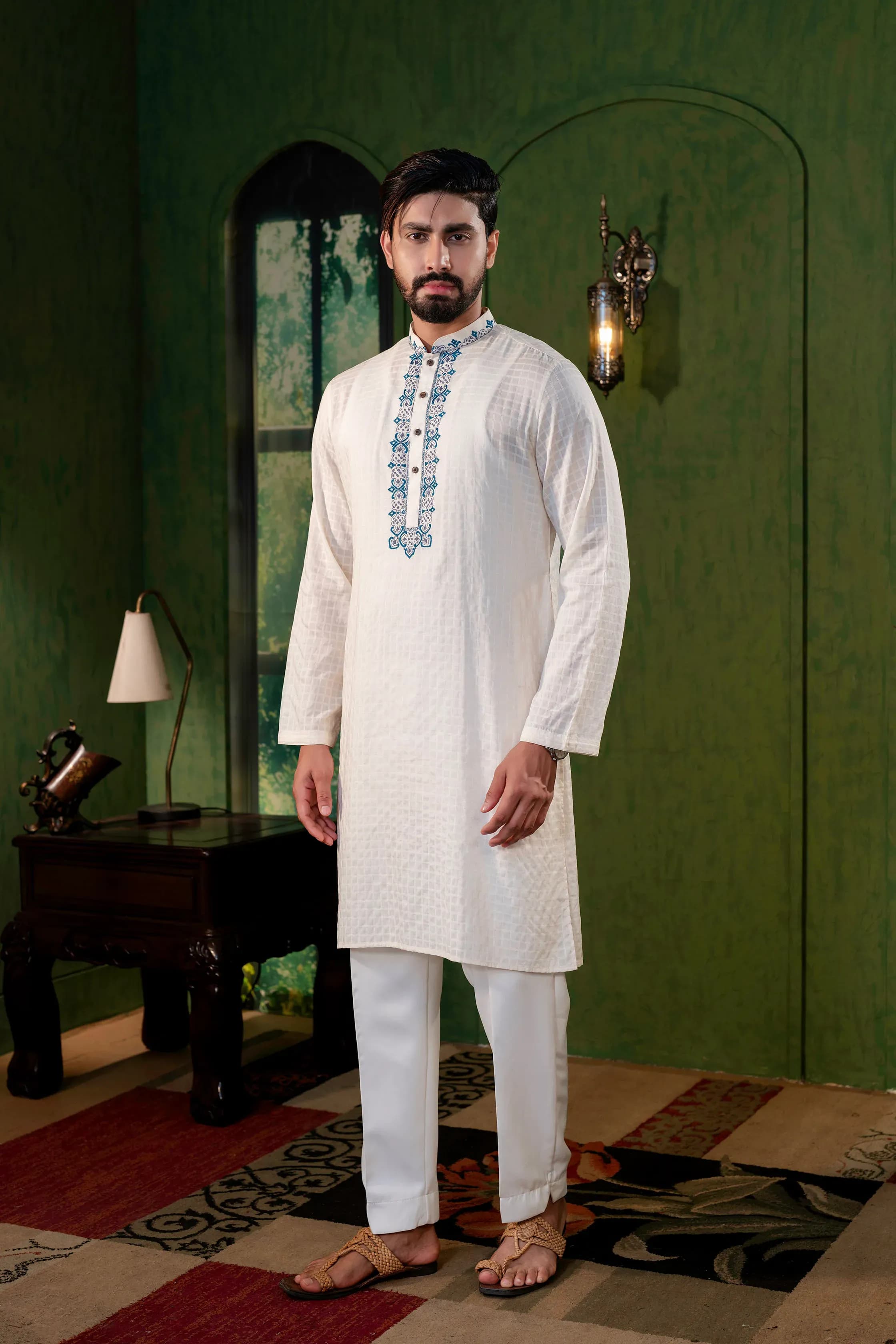 Ivory Hand-Embroidered Cotton Panjabi