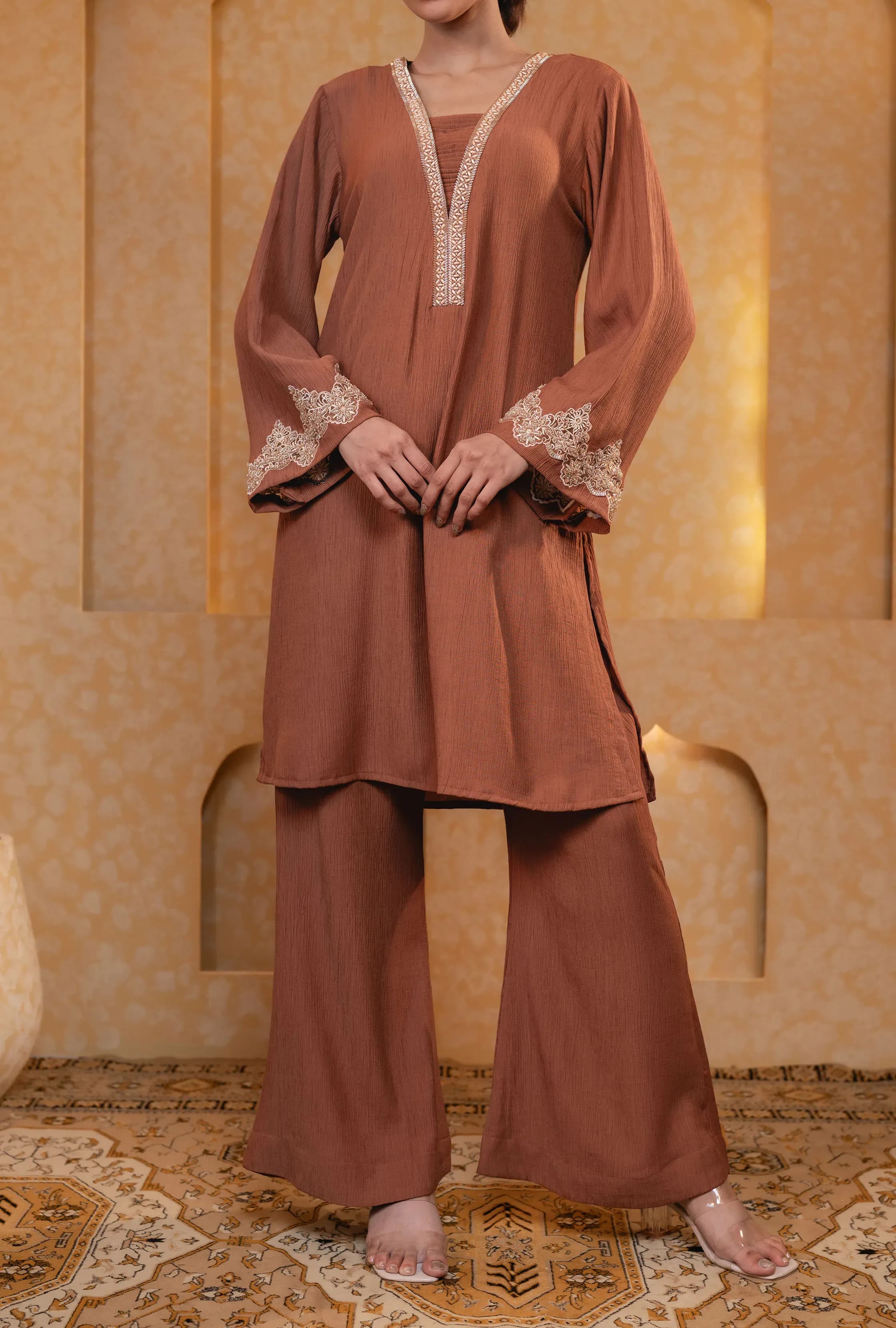 Rust Copper Elegance Embroidered Co-Ord Set