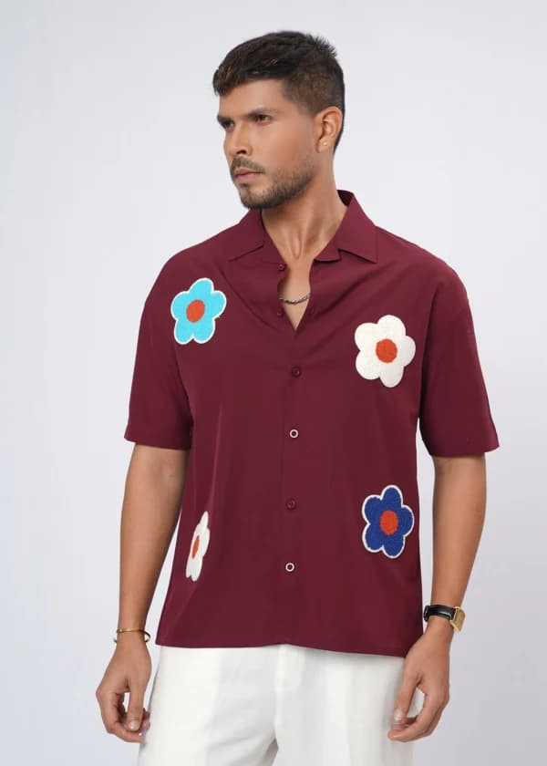 Flower Patch Oversized Half Shirt – Maroon