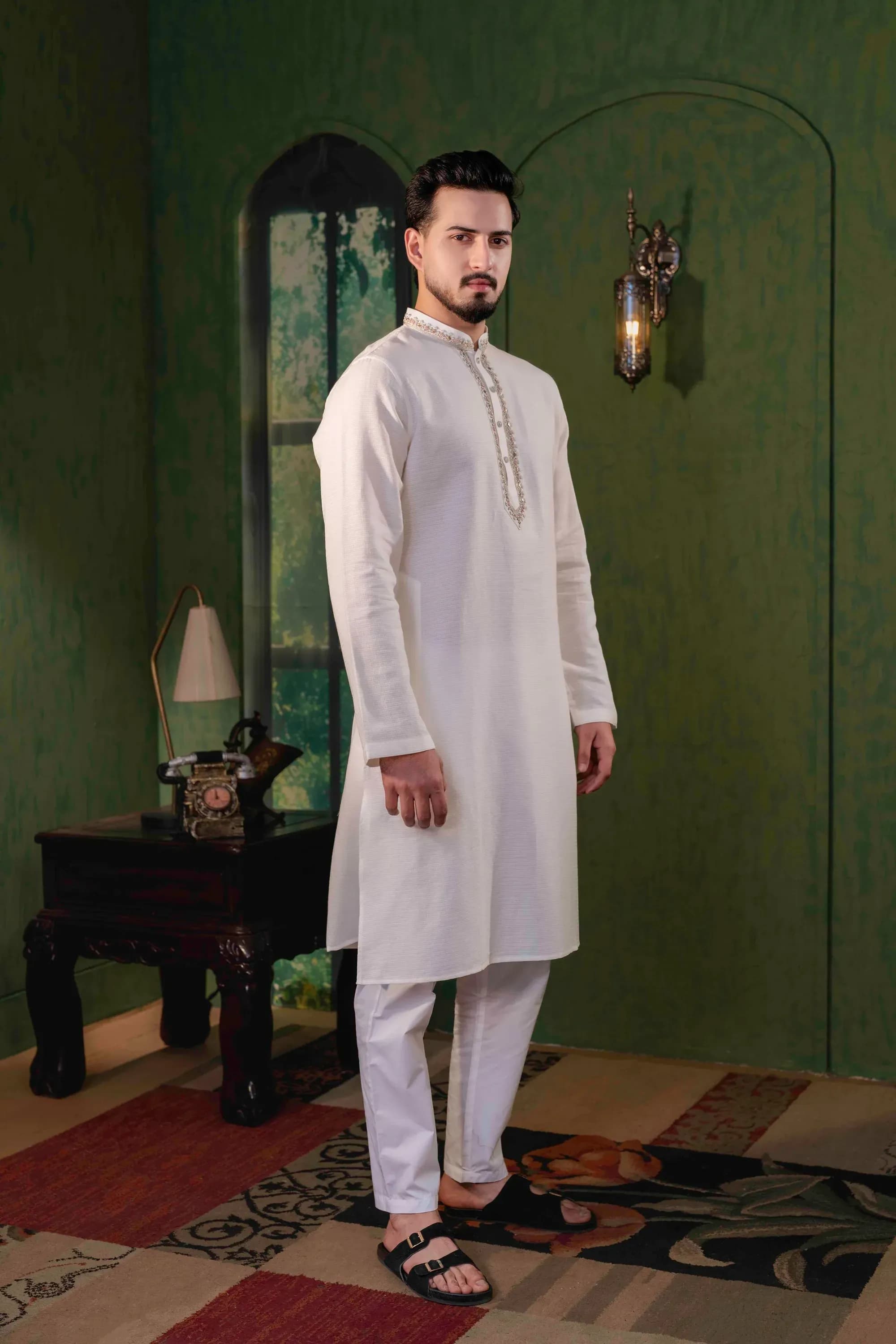 Ivory Zardosi Embellished Cotton Panjabi - Image 3