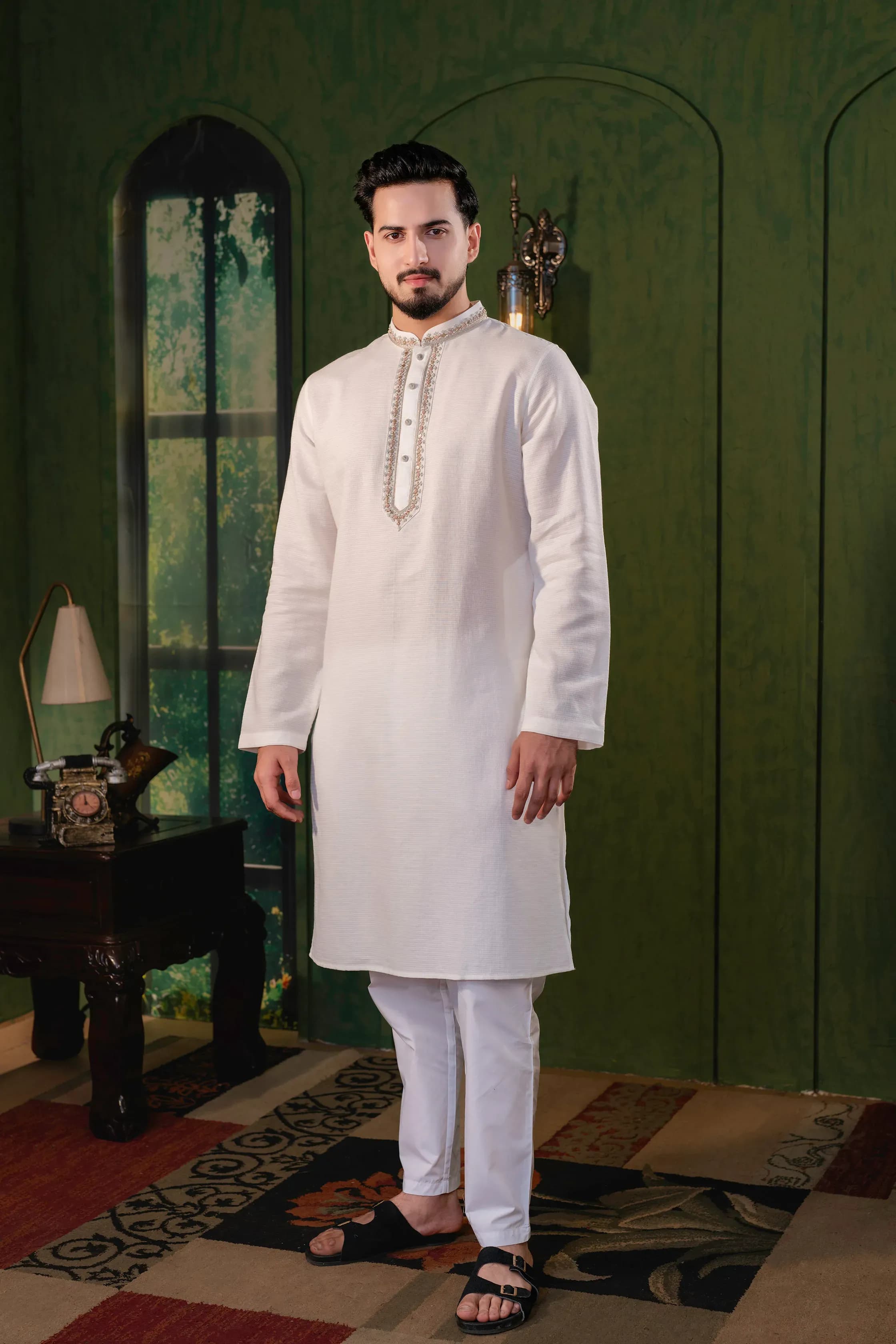 Ivory Zardosi Embellished Cotton Panjabi - Image 1