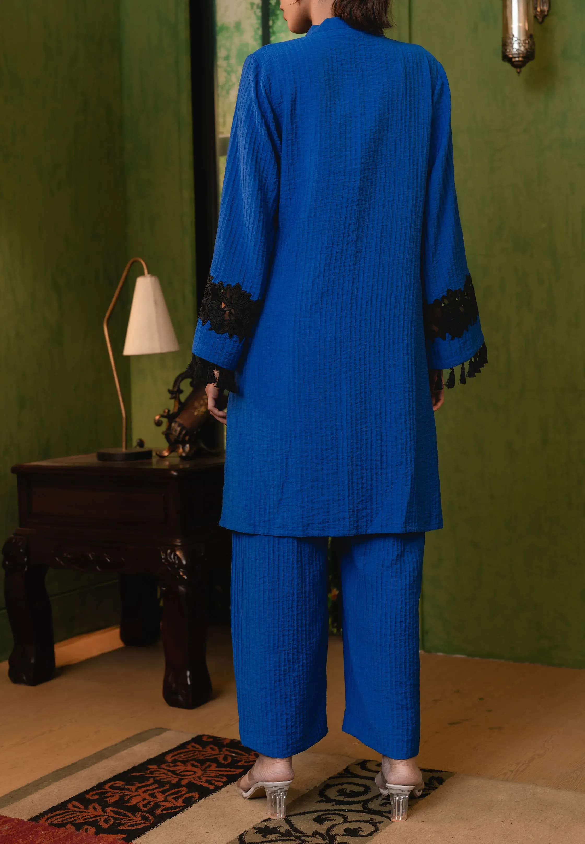 Royal Sapphire Textured Co-Ord Set with Lace & Tassel Embellished Sleeves - Image 2