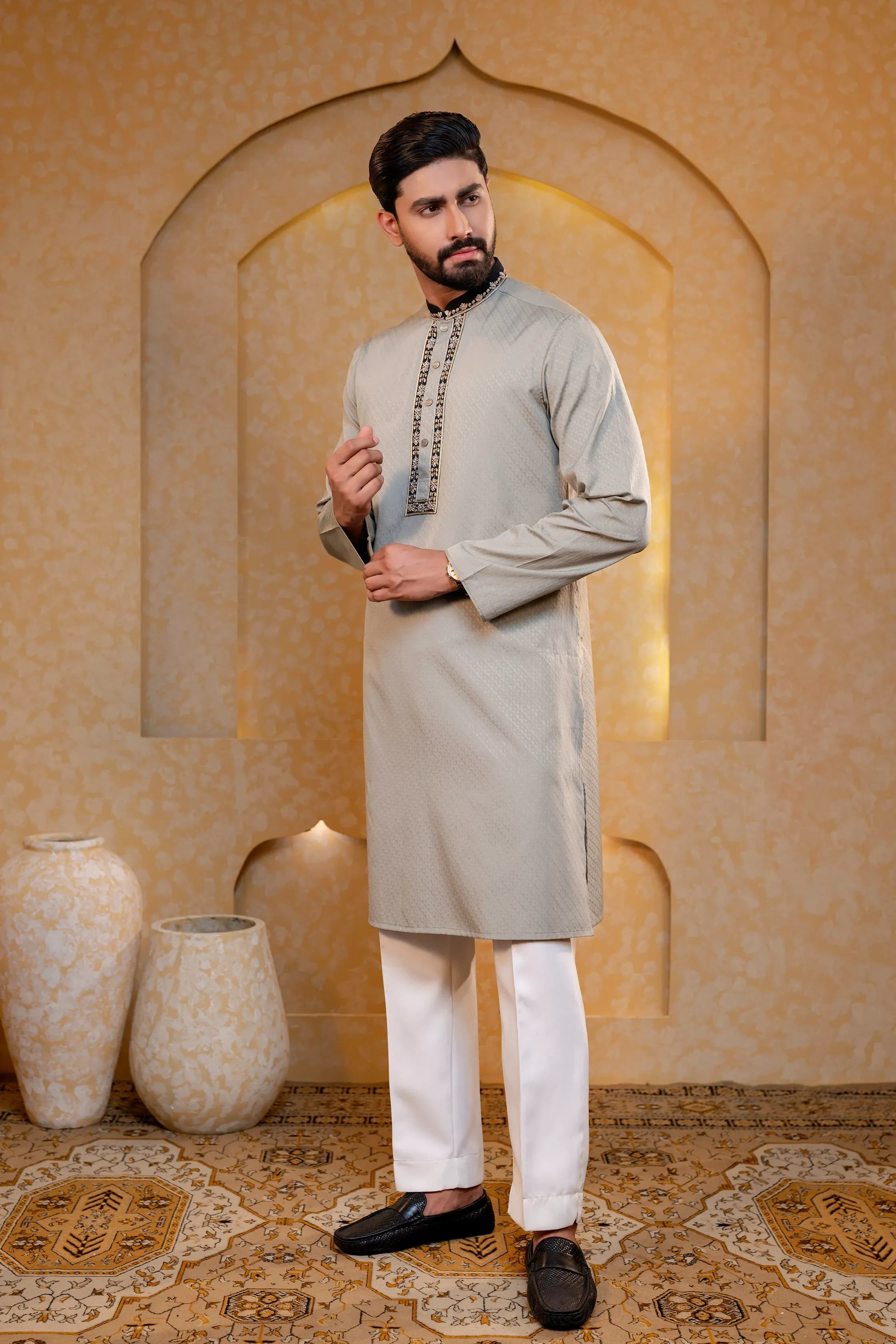 Sage Grey Zardosi Embellished Cotton Panjabi - Image 2